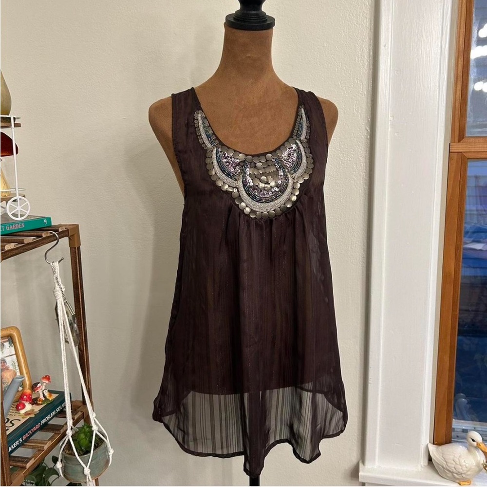 Wet Seal whimsigoth brown sheer glitter tank top w sequins & beading - sz small